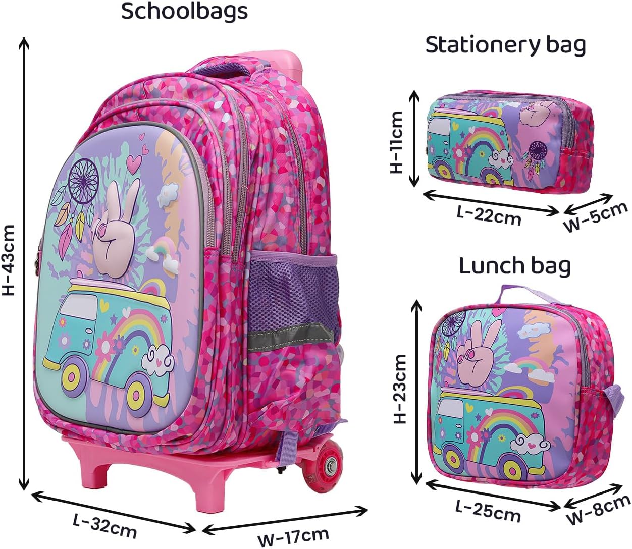 Rolling Backpack with Wheels for girls 43cm with Lunch Bag and Pencil Case, Lightweight School Bookbags for Kids