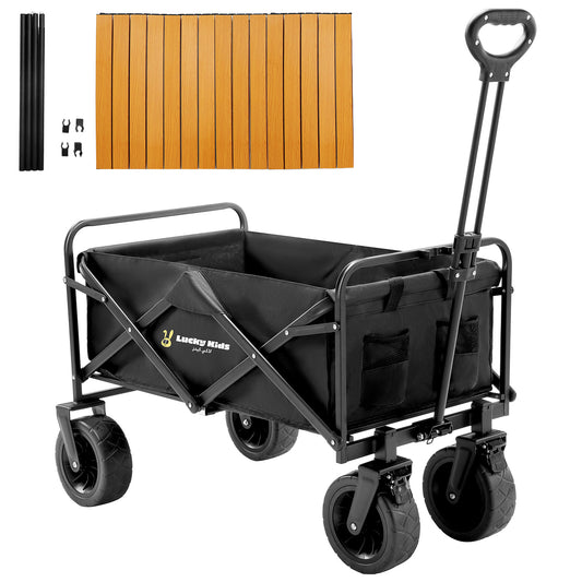 Lucky Kids Garden Cart Folding Trolley Cart Shopping Cart Outdoor Wagon with Large Wheels and Collapsible Tabletop Max Support 150kg 600D Oxford for Beach Garden Camping Picnic