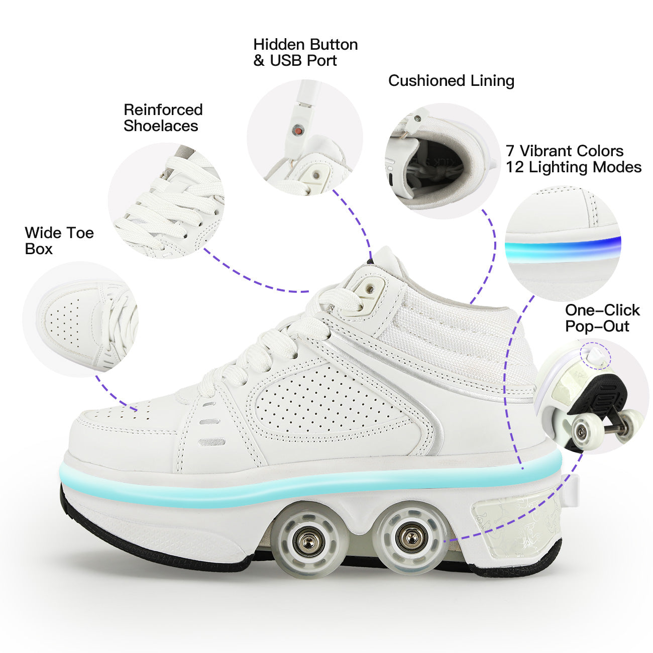Lucky Kids Light-Up Rechargeable 2-in-1 Retractable Roller Skates Shoes Convertible Skate Sneakers for Kids & Adults