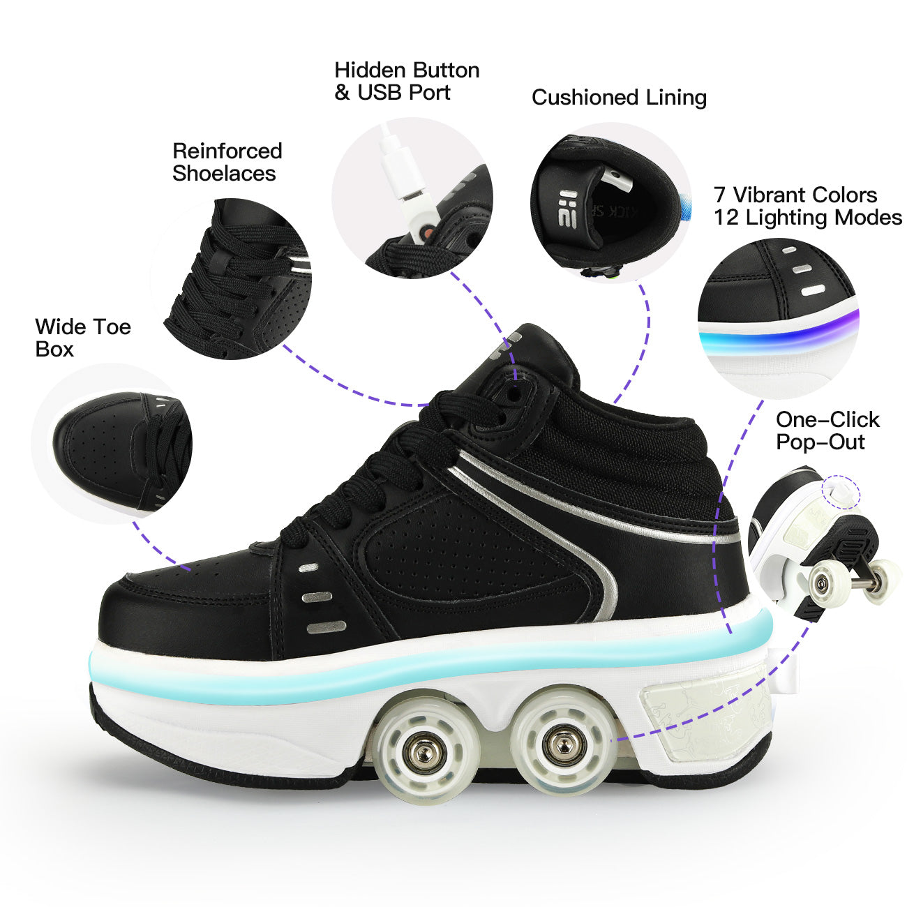 Lucky Kids Light-Up Rechargeable 2-in-1 Retractable Roller Skates Shoes Convertible Skate Sneakers for Kids & Adults