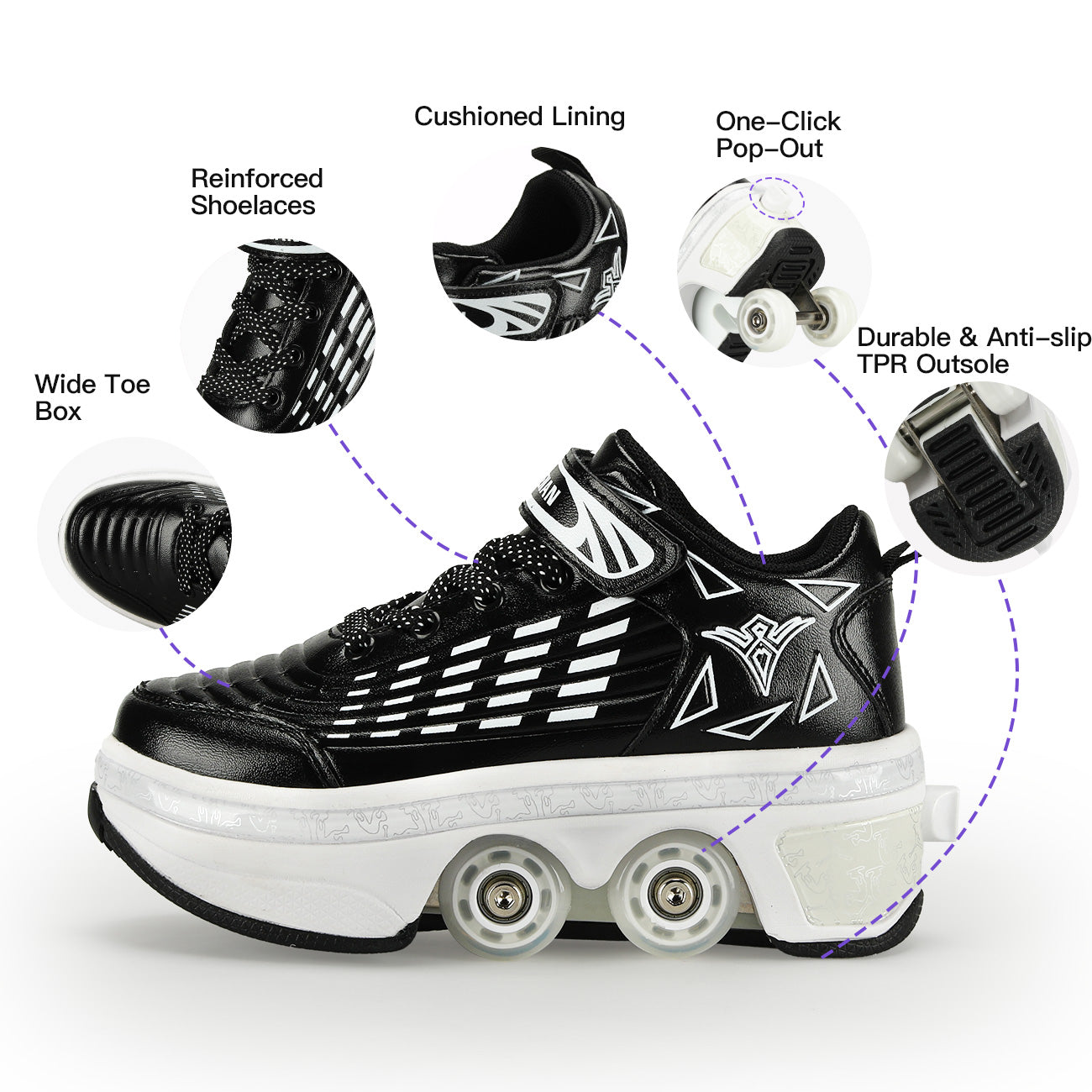 Lucky Kids Classic 2-in-1 Retractable Roller Skates Shoes Stealth Convertible Skate Sneakers