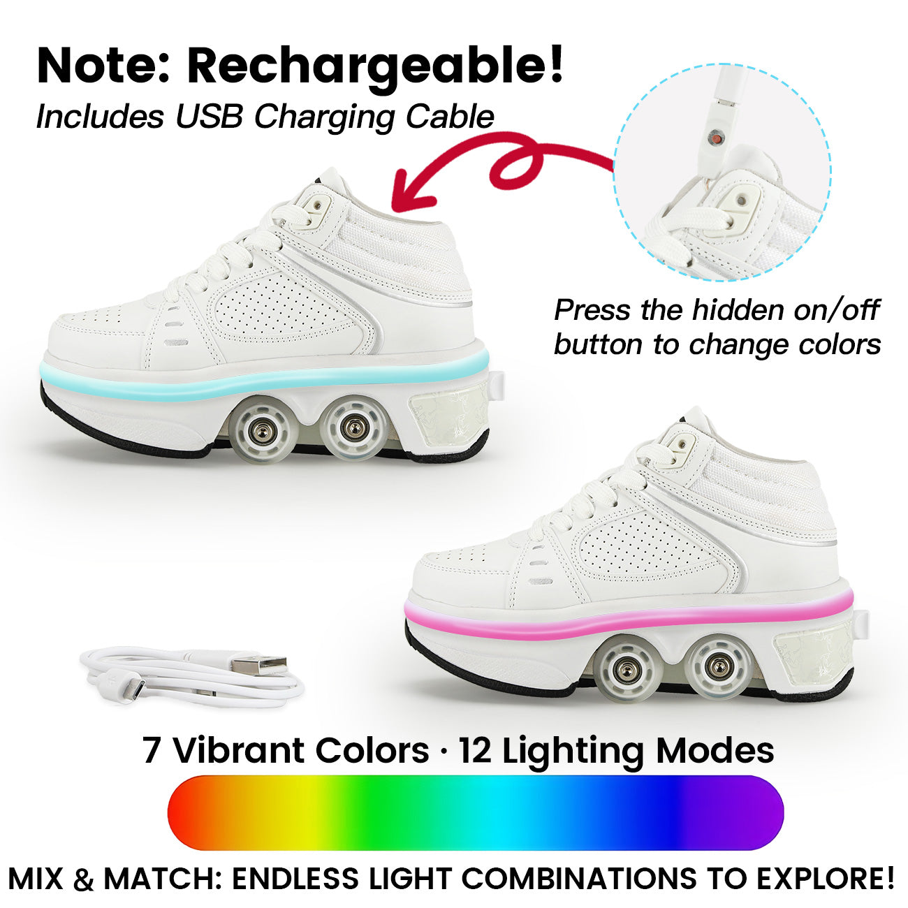 Lucky Kids Light-Up Rechargeable 2-in-1 Retractable Roller Skates Shoes Convertible Skate Sneakers for Kids & Adults