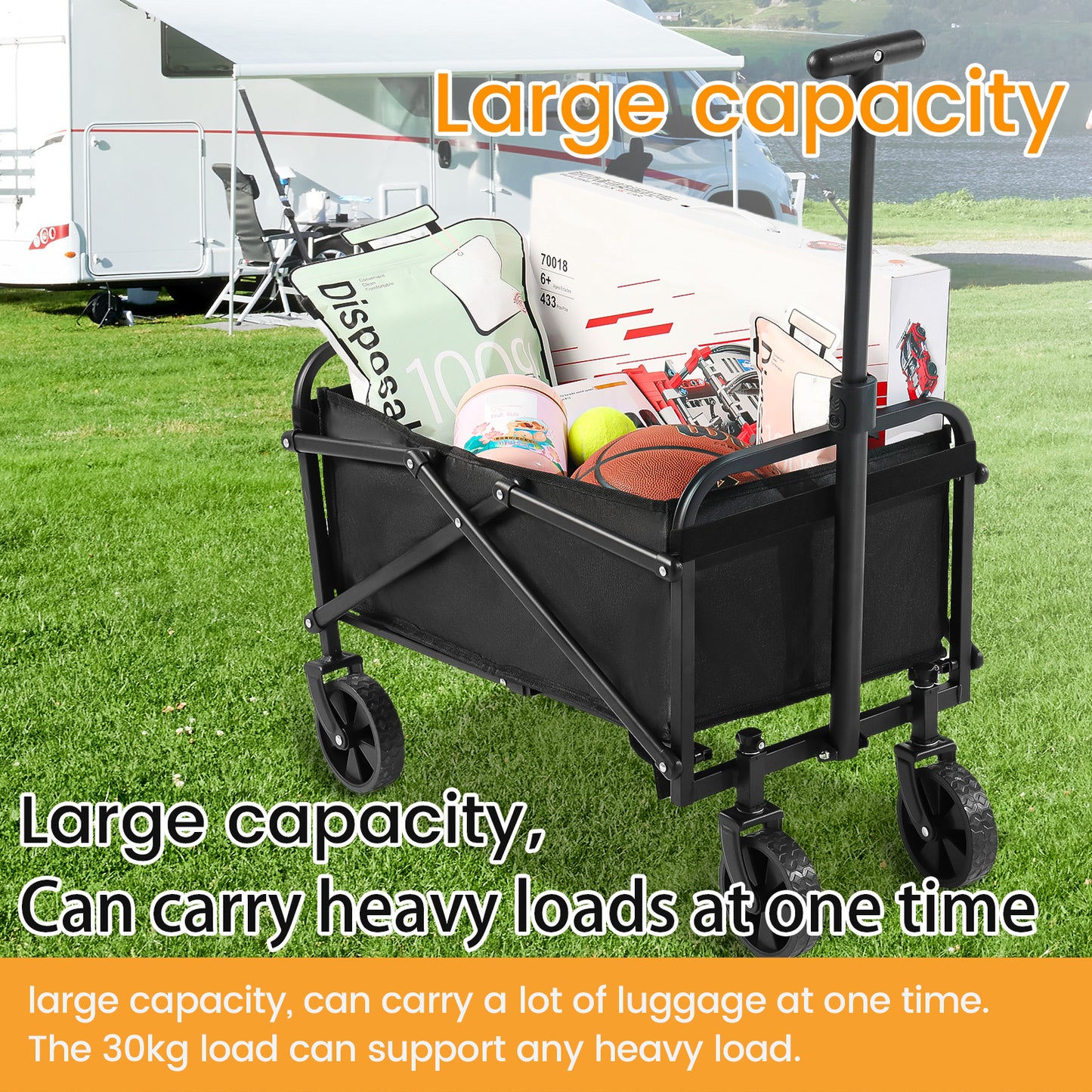 Lucky Kids Garden Cart Folding Trolley Cart Shopping Cart Outdoor Wagon with Large Wheels and Collapsible Tabletop Max Support 150kg 600D Oxford for Beach Garden Camping Picnic