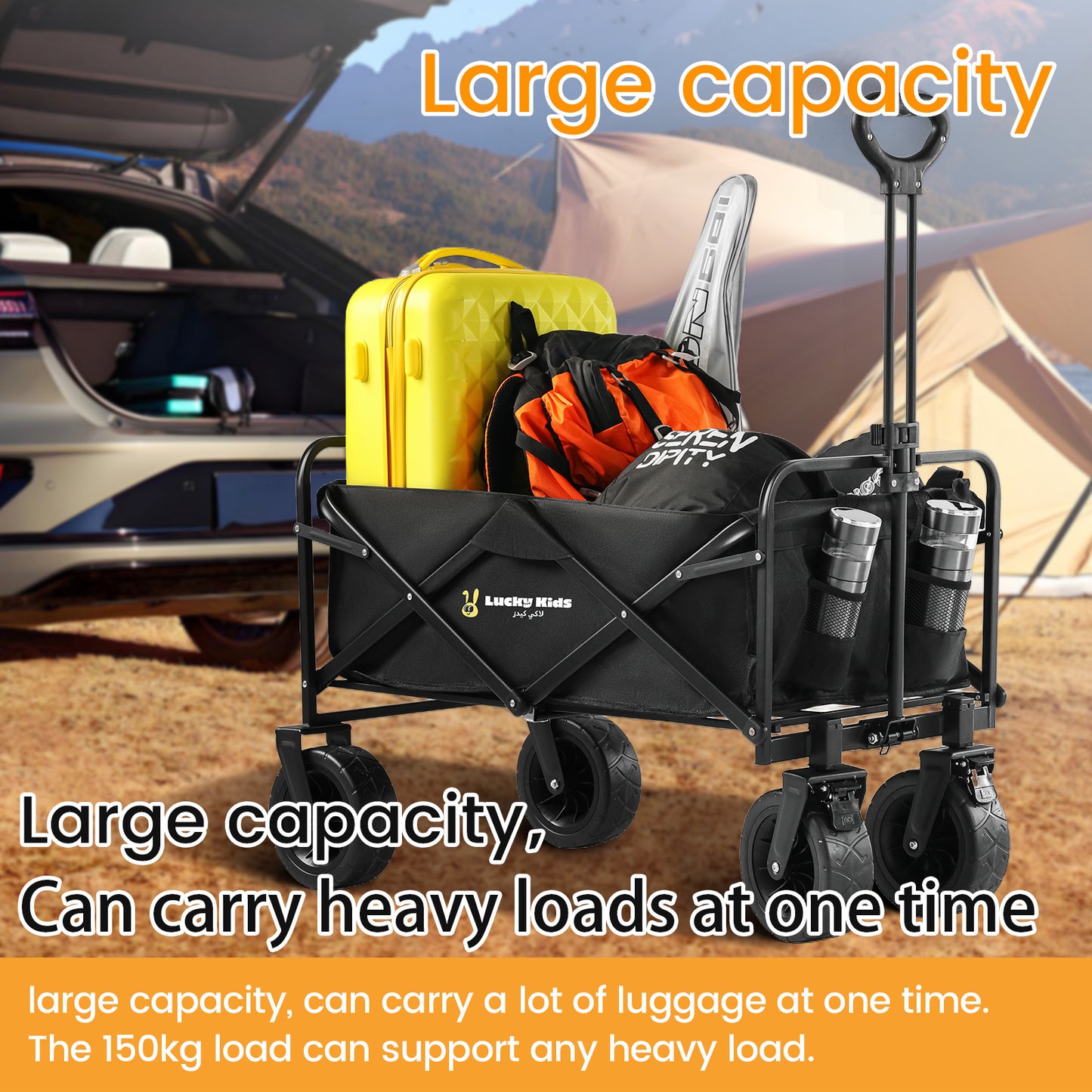 Lucky Kids Garden Cart Folding Trolley Cart Shopping Cart Outdoor Wagon with Large Wheels and Collapsible Tabletop Max Support 150kg 600D Oxford for Beach Garden Camping Picnic