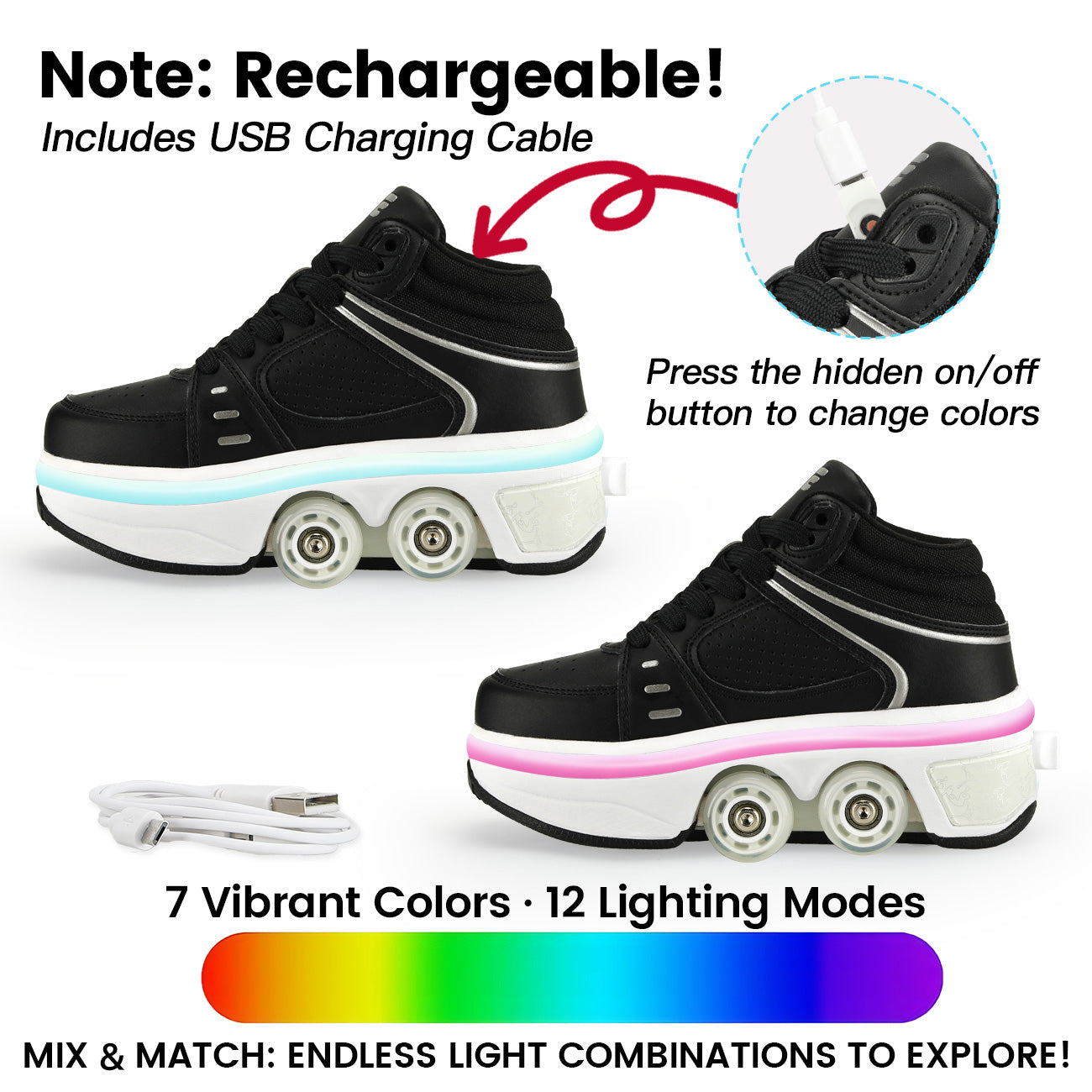 Lucky Kids Light-Up Rechargeable 2-in-1 Retractable Roller Skates Shoes Convertible Skate Sneakers for Kids & Adults