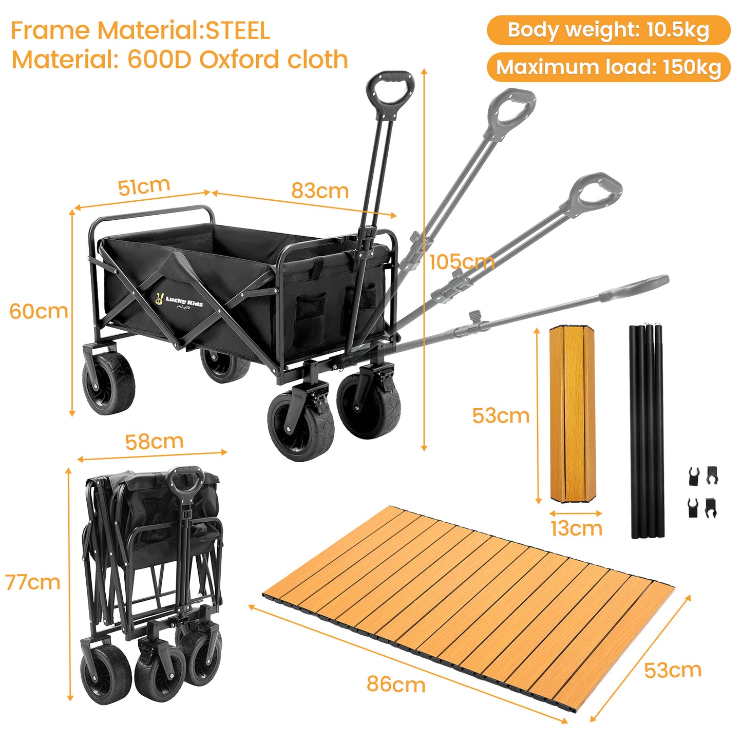 Lucky Kids Garden Cart Folding Trolley Cart Shopping Cart Outdoor Wagon with Large Wheels and Collapsible Tabletop Max Support 150kg 600D Oxford for Beach Garden Camping Picnic
