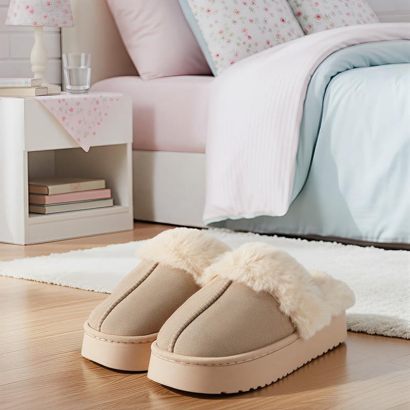 Women’s Fuzzy Slippers, Indoor Plush Faux Fur House Shoes with Memory Foam,Cute Fluffy Home Shoes for Girls & Ladies Cozy Warm Indoor Slip-On Slippers with Non-Slip Sole