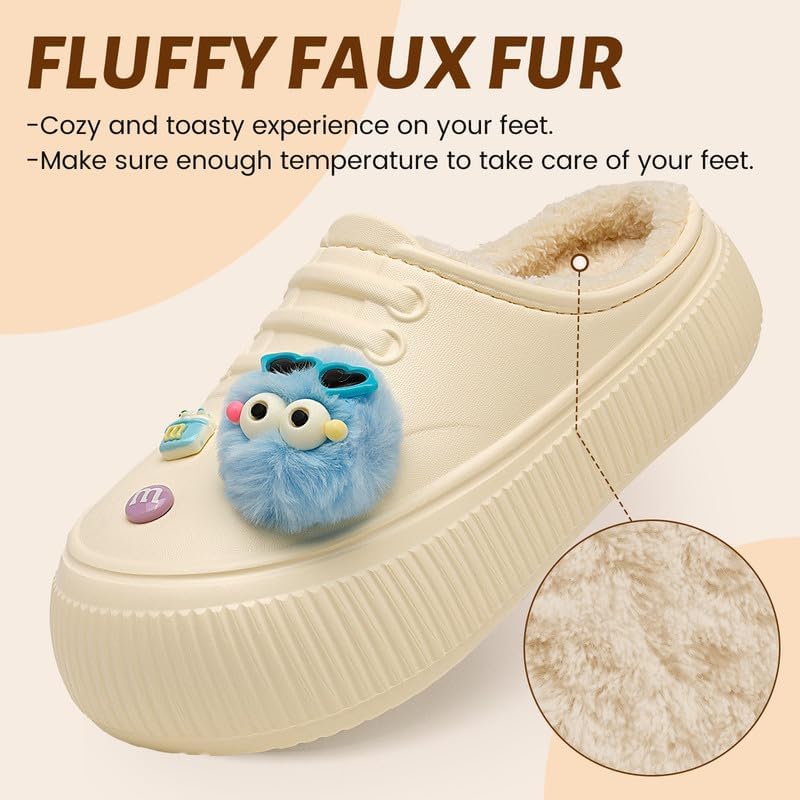 Waterproof Slippers Women Fur Lined Clogs Winter Garden Shoes Warm House Slippers Indoor Outdoor Mules