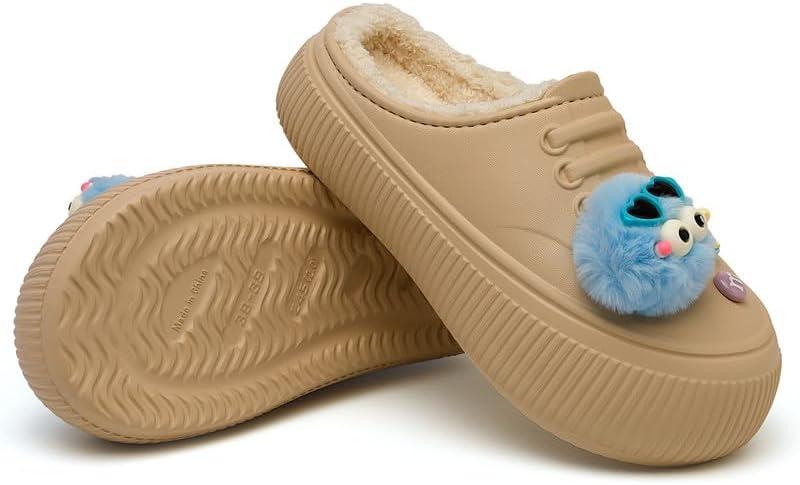 Waterproof Slippers Women Fur Lined Clogs Winter Garden Shoes Warm House Slippers Indoor Outdoor Mules