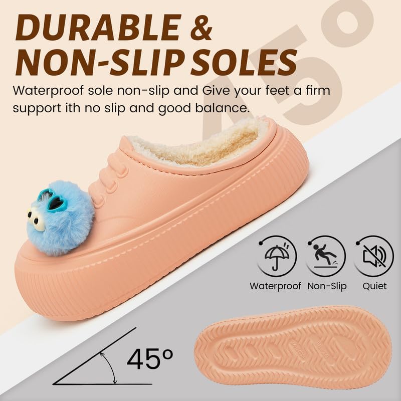 Waterproof Slippers Women Fur Lined Clogs Winter Garden Shoes Warm House Slippers Indoor Outdoor Mules