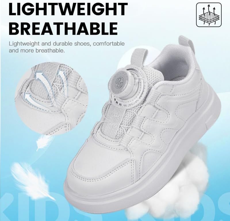 Kids Sneakers with Adjustable Dial Laces - Breathable Running Shoes for Boys Girls, Lightweight No Tie Twist Lace Athletic Shoes for School Sports