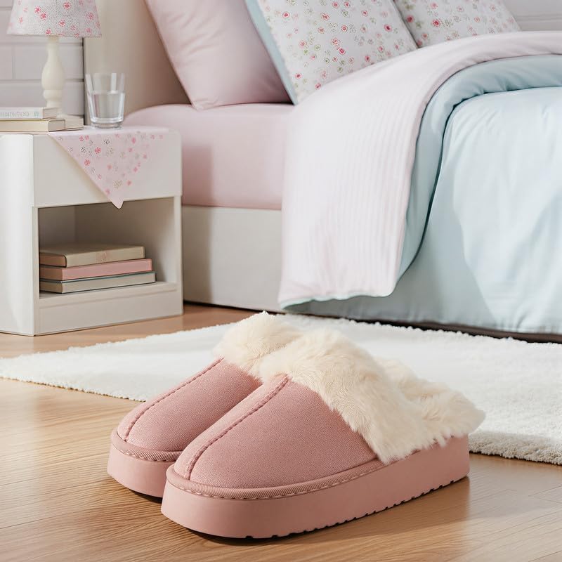 Women’s Fuzzy Slippers, Indoor Plush Faux Fur House Shoes with Memory Foam,Cute Fluffy Home Shoes for Girls & Ladies Cozy Warm Indoor Slip-On Slippers with Non-Slip Sole