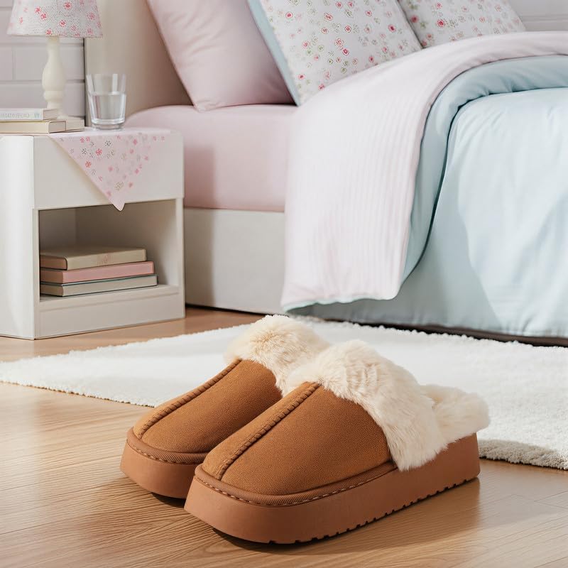 Women’s Fuzzy Slippers, Indoor Plush Faux Fur House Shoes with Memory Foam,Cute Fluffy Home Shoes for Girls & Ladies Cozy Warm Indoor Slip-On Slippers with Non-Slip Sole