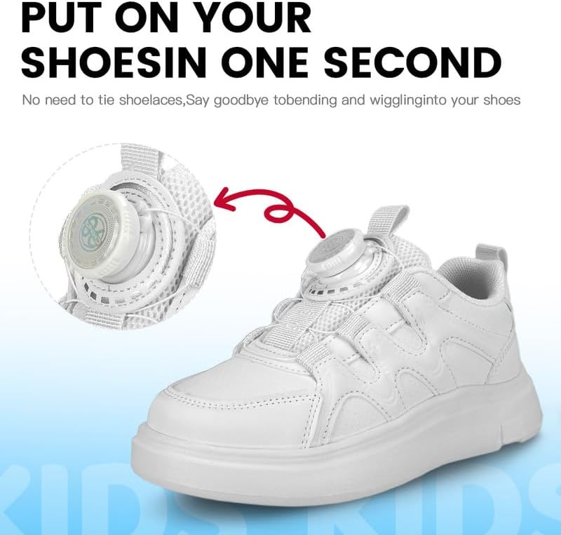 Kids Sneakers with Adjustable Dial Laces - Breathable Running Shoes for Boys Girls, Lightweight No Tie Twist Lace Athletic Shoes for School Sports
