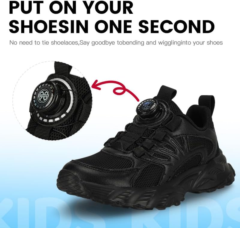 Kids Sneakers with Adjustable Dial Laces - Breathable Running Shoes for Boys Girls, Lightweight No Tie Twist Lace Athletic Shoes for School Sports