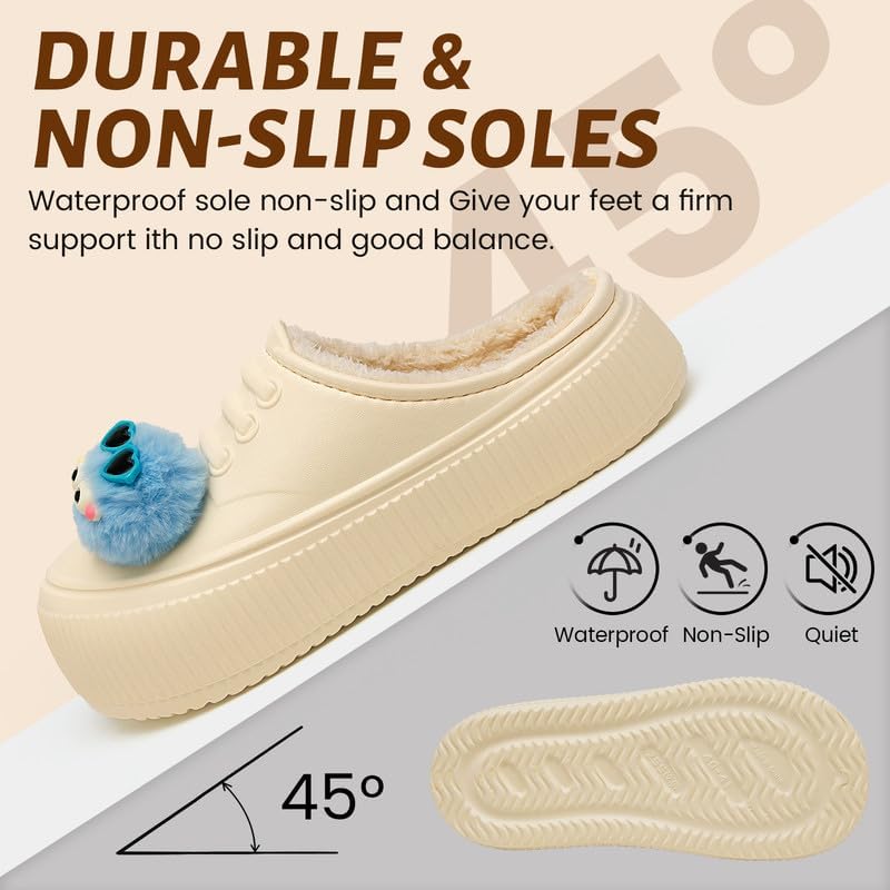 Waterproof Slippers Women Fur Lined Clogs Winter Garden Shoes Warm House Slippers Indoor Outdoor Mules