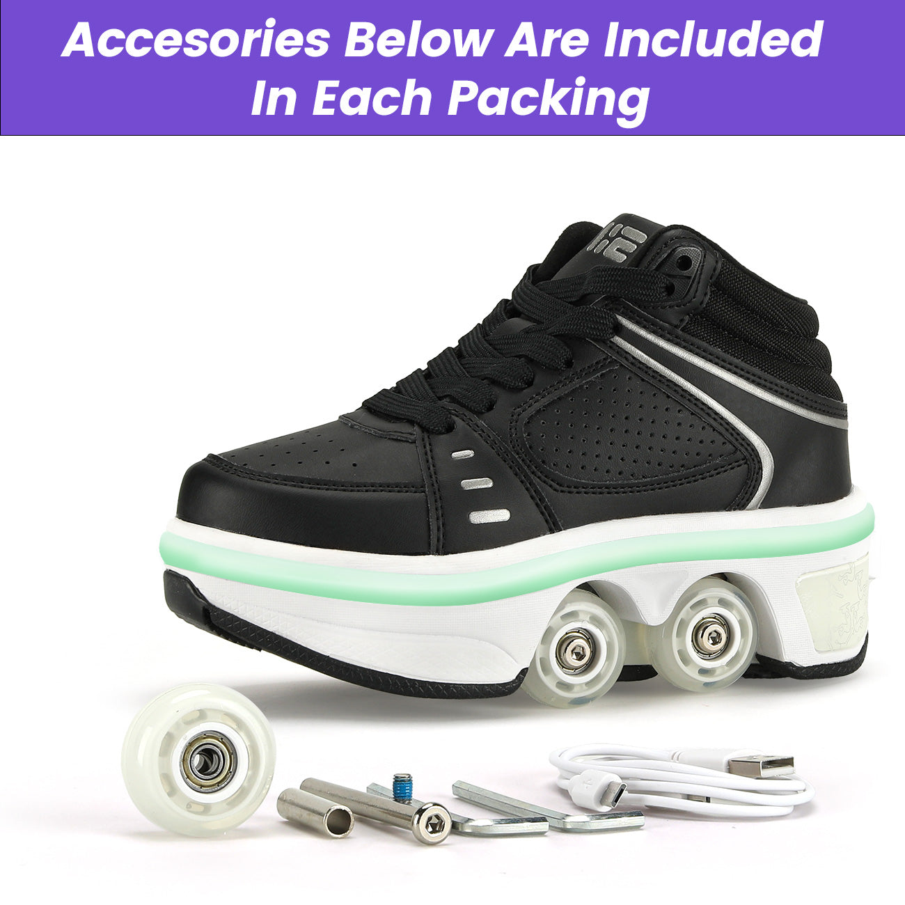 Lucky Kids Light-Up Rechargeable 2-in-1 Retractable Roller Skates Shoes Convertible Skate Sneakers for Kids & Adults