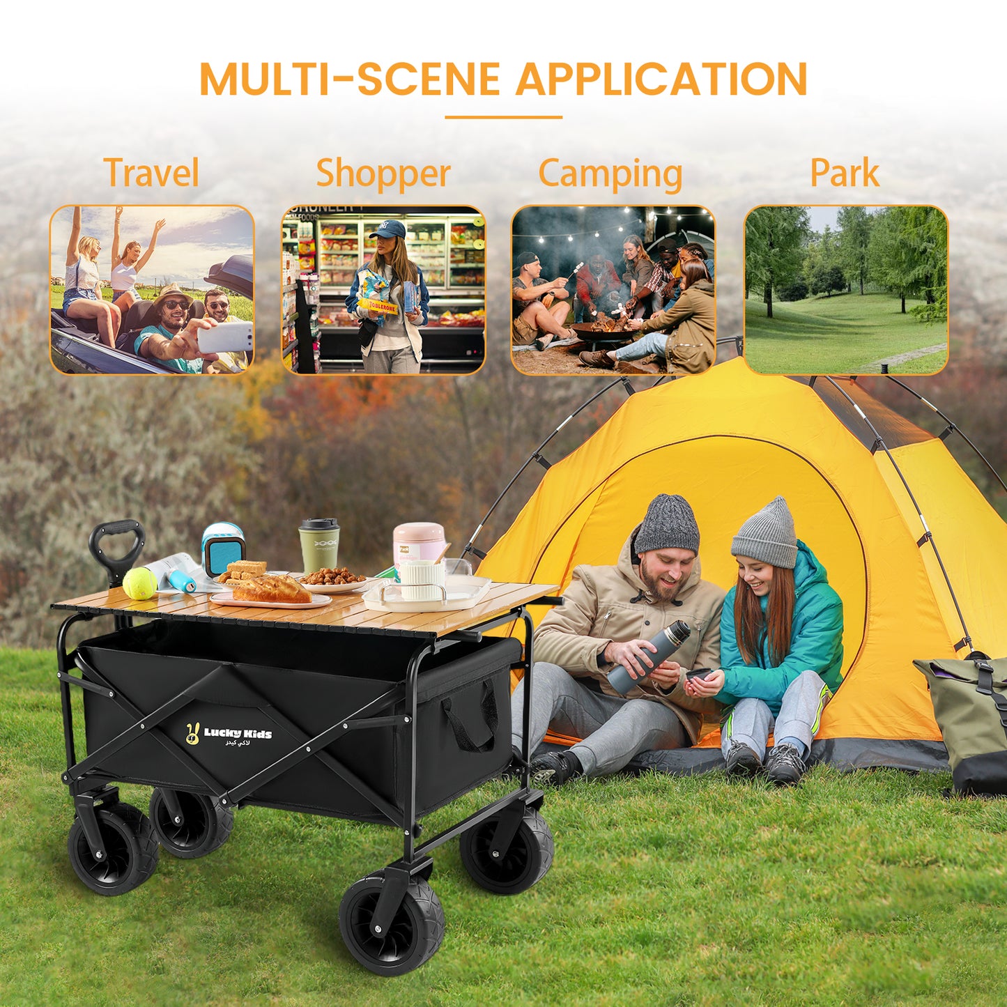 Lucky Kids Garden Cart Folding Trolley Cart Shopping Cart Outdoor Wagon with Large Wheels and Collapsible Tabletop Max Support 150kg 600D Oxford for Beach Garden Camping Picnic