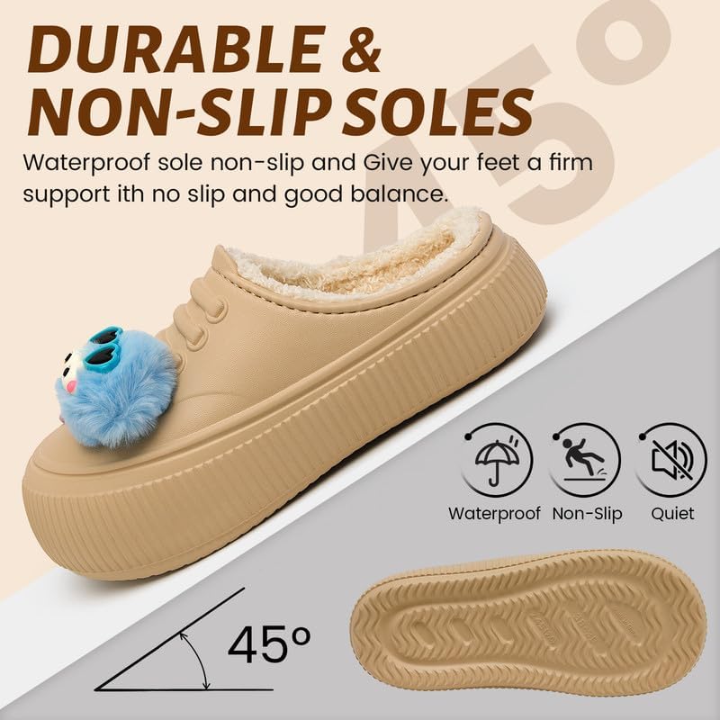 Waterproof Slippers Women Fur Lined Clogs Winter Garden Shoes Warm House Slippers Indoor Outdoor Mules