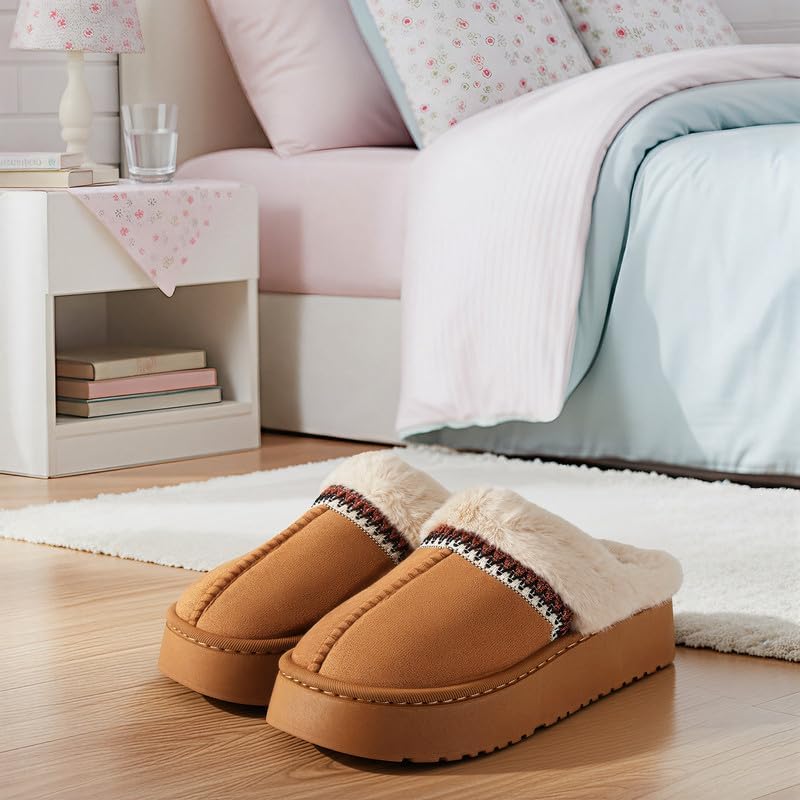Women’s Fuzzy Slippers, Indoor Plush Faux Fur House Shoes with Memory Foam,Cute Fluffy Home Shoes for Girls & Ladies Cozy Warm Indoor Slip-On Slippers with Non-Slip Sole