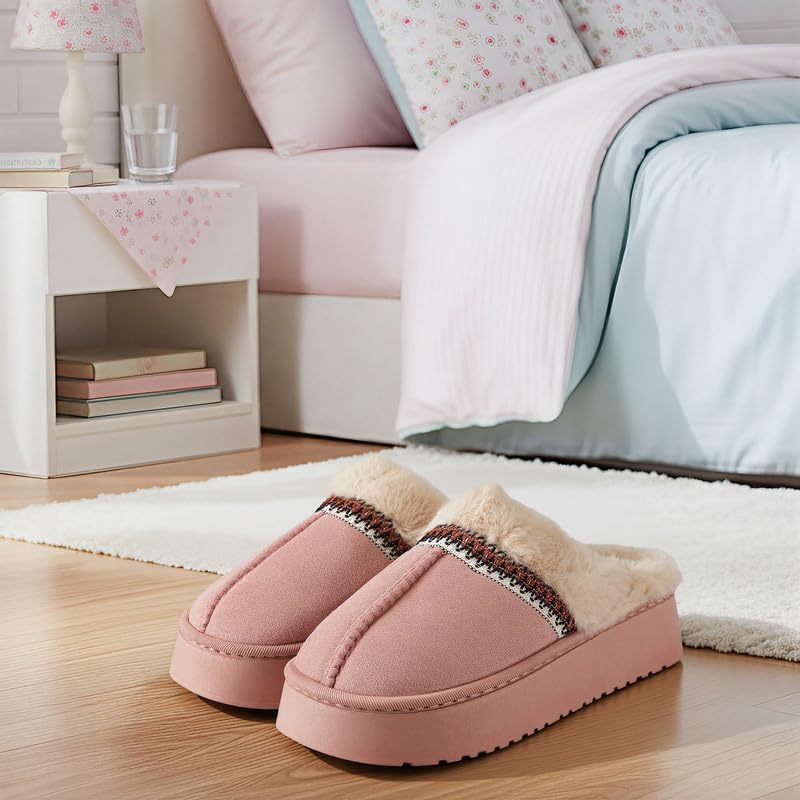 Women’s Fuzzy Slippers, Indoor Plush Faux Fur House Shoes with Memory Foam,Cute Fluffy Home Shoes for Girls & Ladies Cozy Warm Indoor Slip-On Slippers with Non-Slip Sole