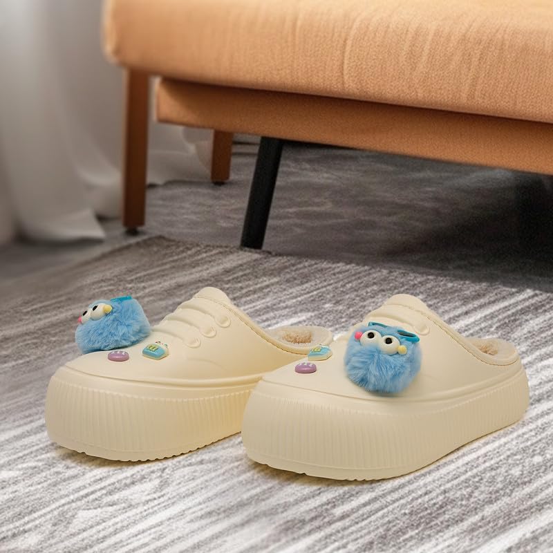 Waterproof Slippers Women Fur Lined Clogs Winter Garden Shoes Warm House Slippers Indoor Outdoor Mules