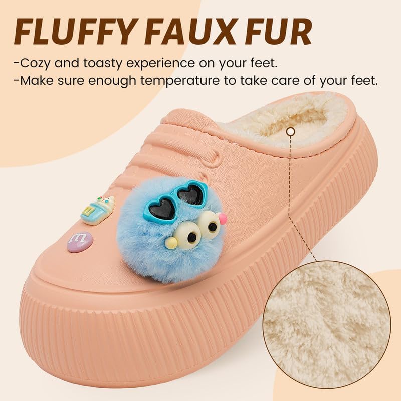 Waterproof Slippers Women Fur Lined Clogs Winter Garden Shoes Warm House Slippers Indoor Outdoor Mules