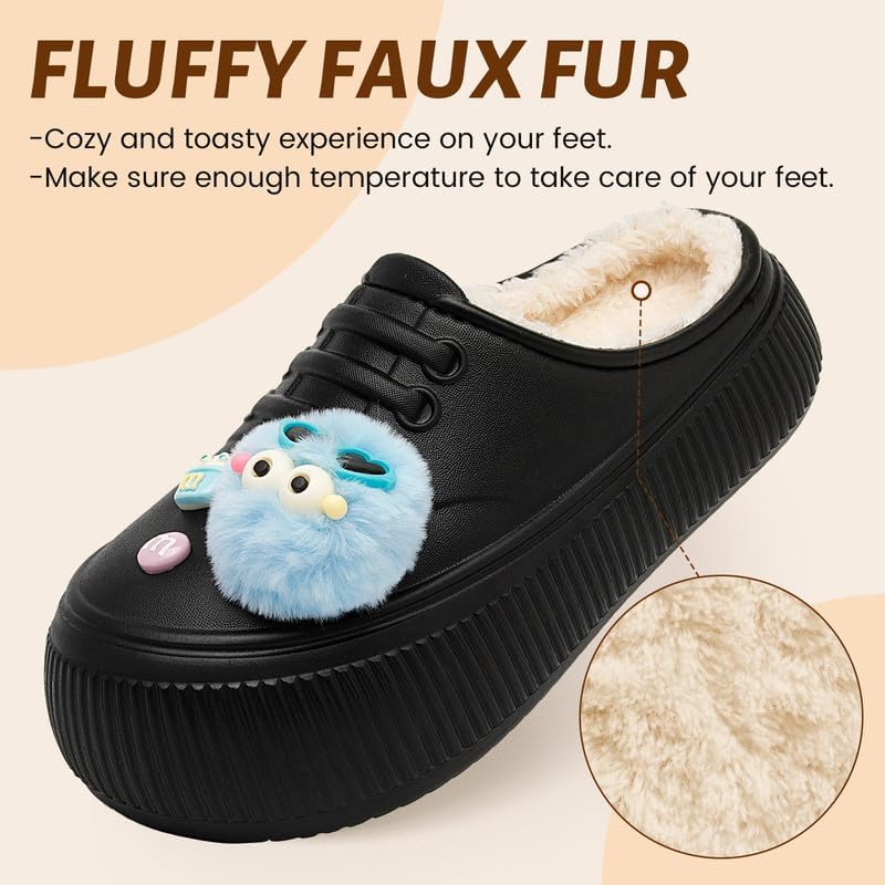 Waterproof Slippers Women Fur Lined Clogs Winter Garden Shoes Warm House Slippers Indoor Outdoor Mules