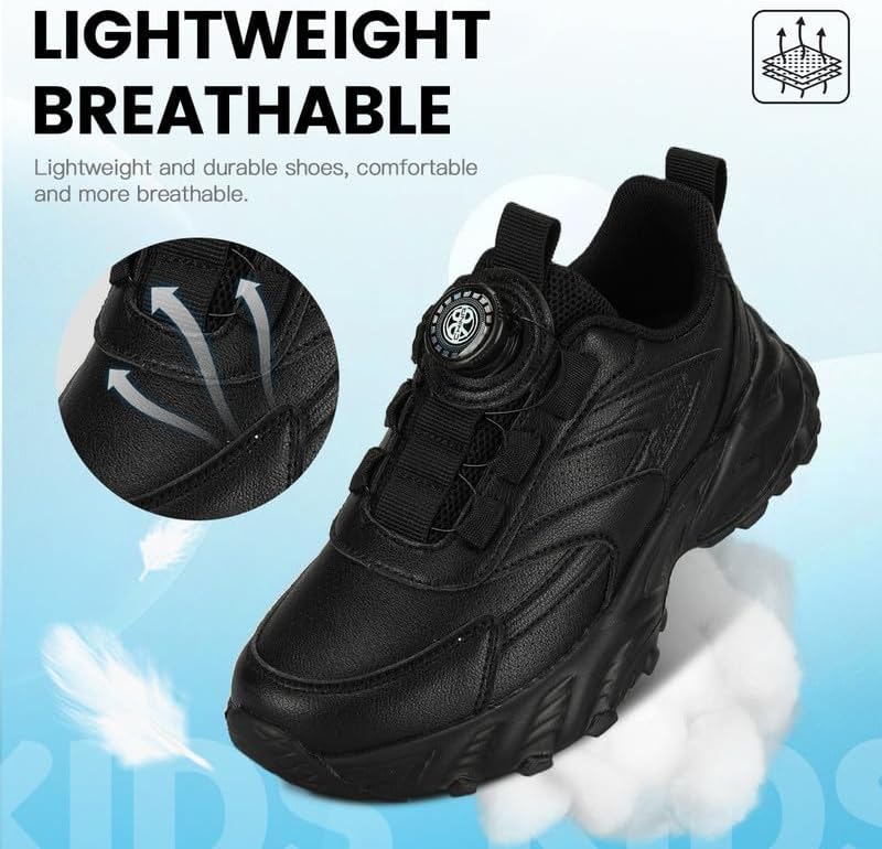 Kids Sneakers with Adjustable Dial Laces - Breathable Running Shoes for Boys Girls, Lightweight No Tie Twist Lace Athletic Shoes for School Sports