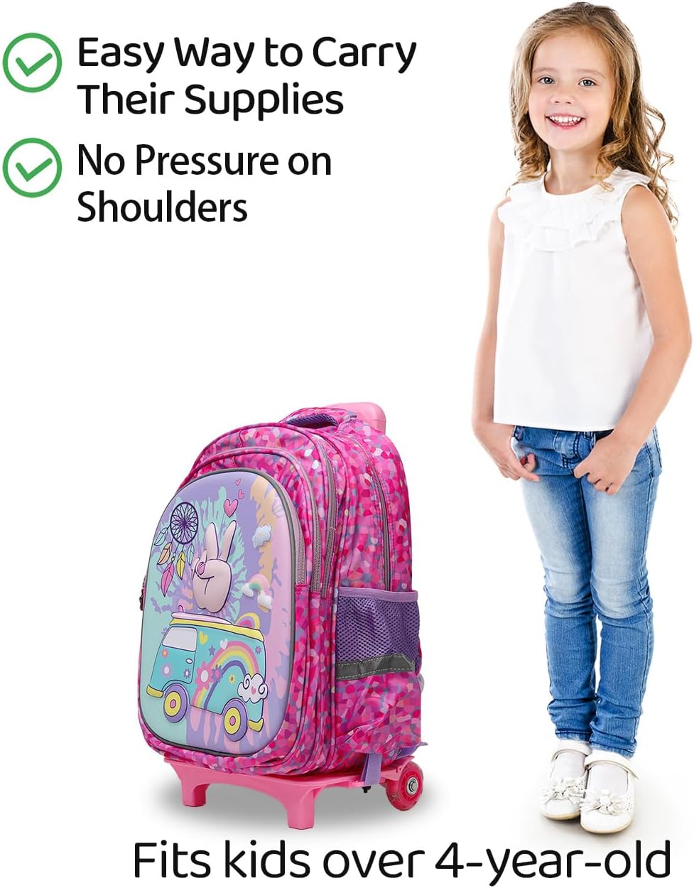 Rolling Backpack with Wheels for girls 43cm with Lunch Bag and Pencil Case, Lightweight School Bookbags for Kids