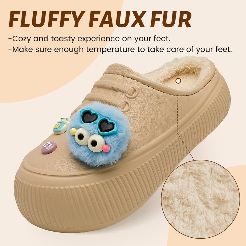 Waterproof Slippers Women Fur Lined Clogs Winter Garden Shoes Warm House Slippers Indoor Outdoor Mules