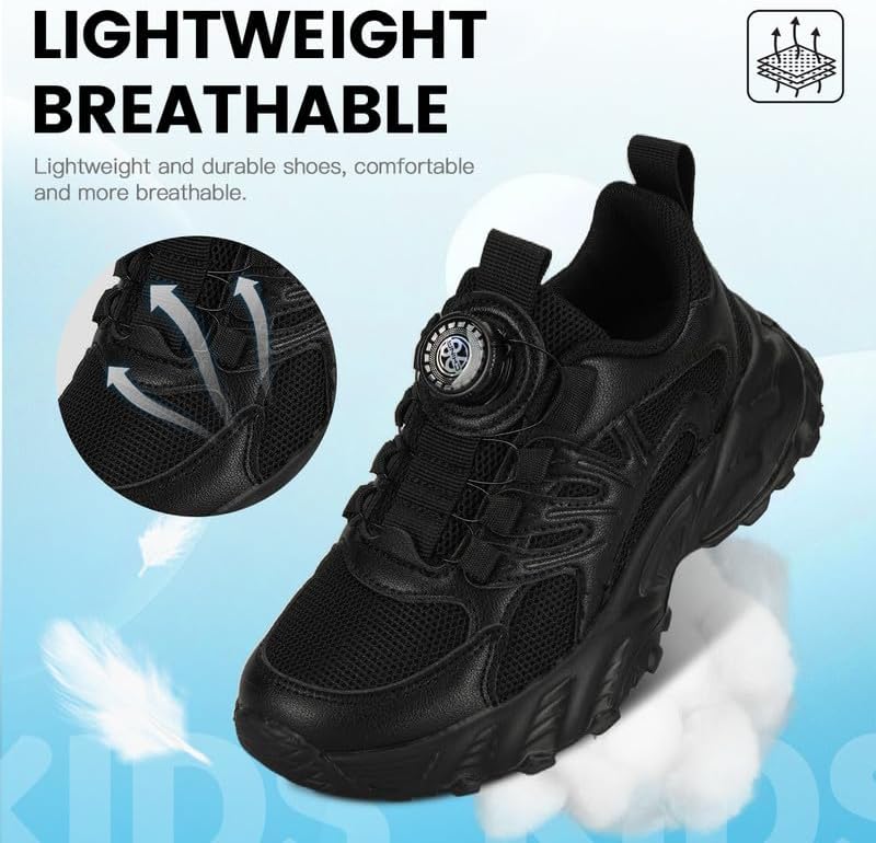 Kids Sneakers with Adjustable Dial Laces - Breathable Running Shoes for Boys Girls, Lightweight No Tie Twist Lace Athletic Shoes for School Sports