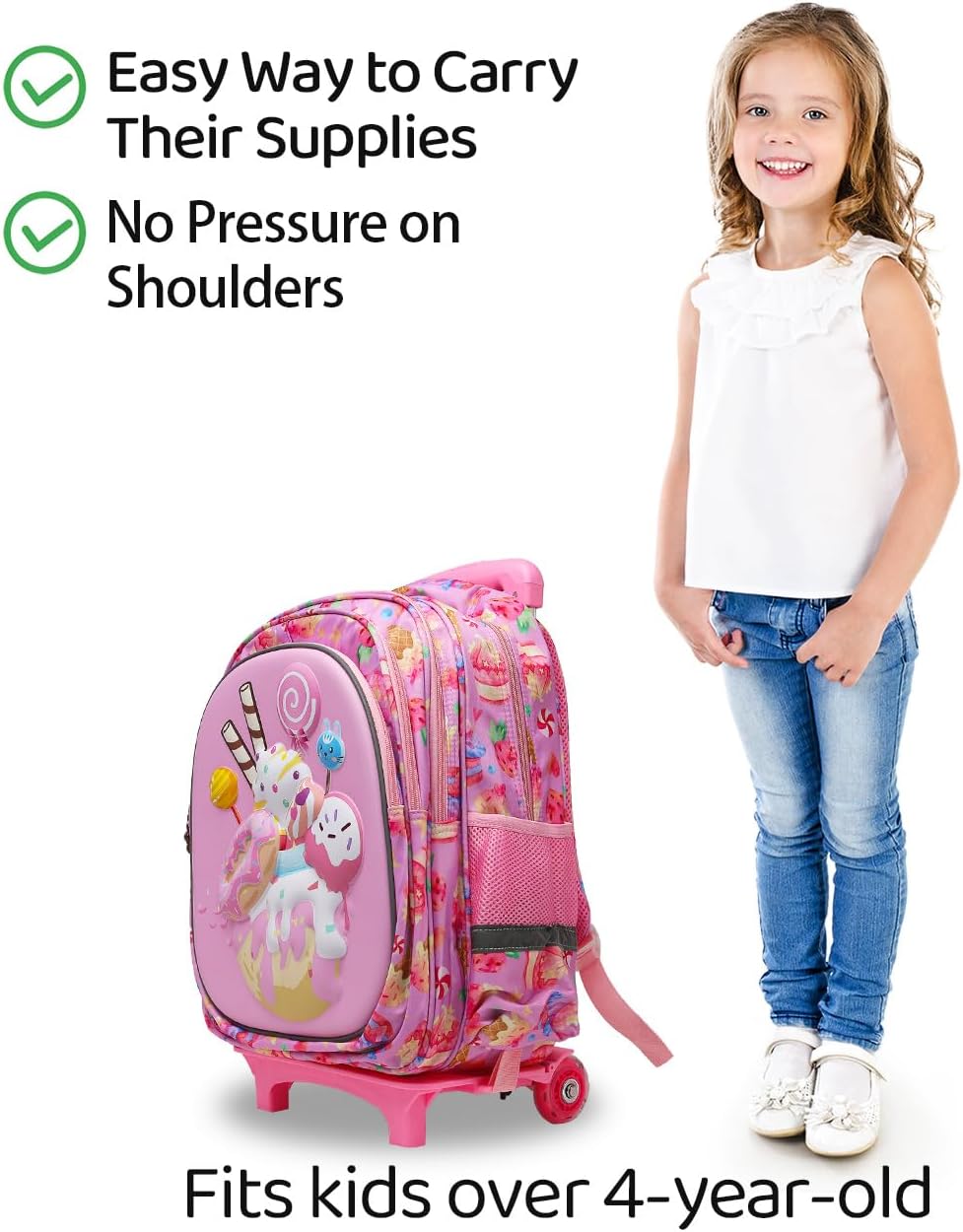 Rolling Backpack with Wheels for girls 43cm with Lunch Bag and Pencil Case, Lightweight School Bookbags for Kids