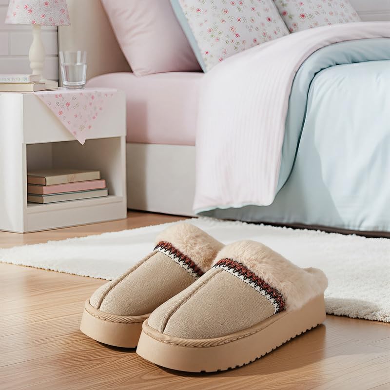 Women’s Fuzzy Slippers, Indoor Plush Faux Fur House Shoes with Memory Foam,Cute Fluffy Home Shoes for Girls & Ladies Cozy Warm Indoor Slip-On Slippers with Non-Slip Sole