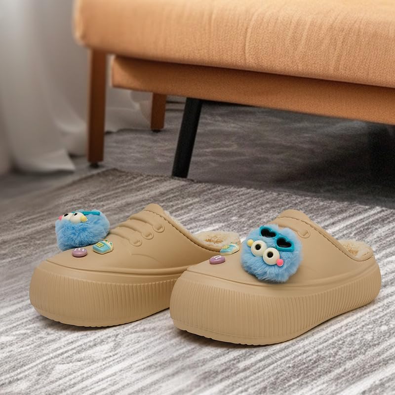 Waterproof Slippers Women Fur Lined Clogs Winter Garden Shoes Warm House Slippers Indoor Outdoor Mules