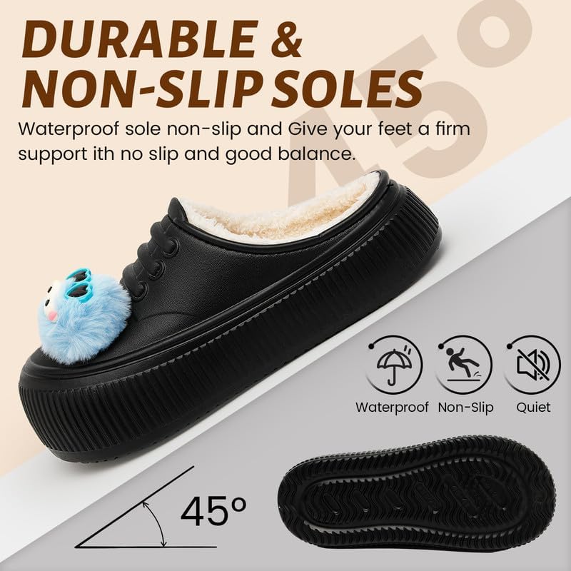 Waterproof Slippers Women Fur Lined Clogs Winter Garden Shoes Warm House Slippers Indoor Outdoor Mules