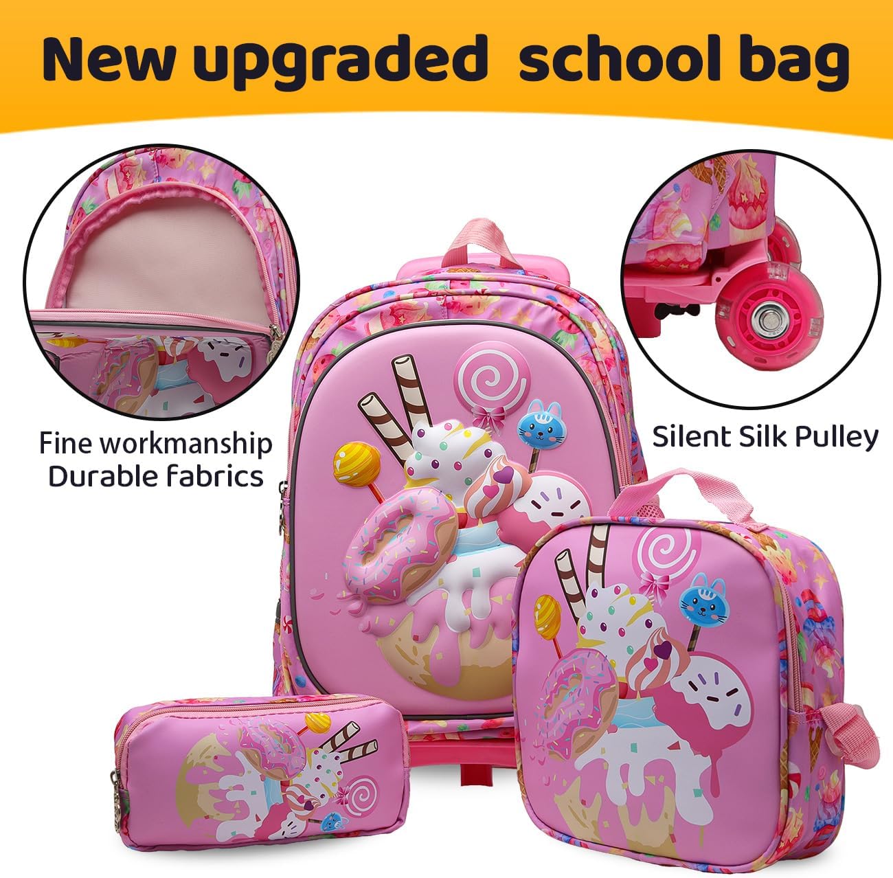 Rolling Backpack with Wheels for girls 43cm with Lunch Bag and Pencil Case, Lightweight School Bookbags for Kids