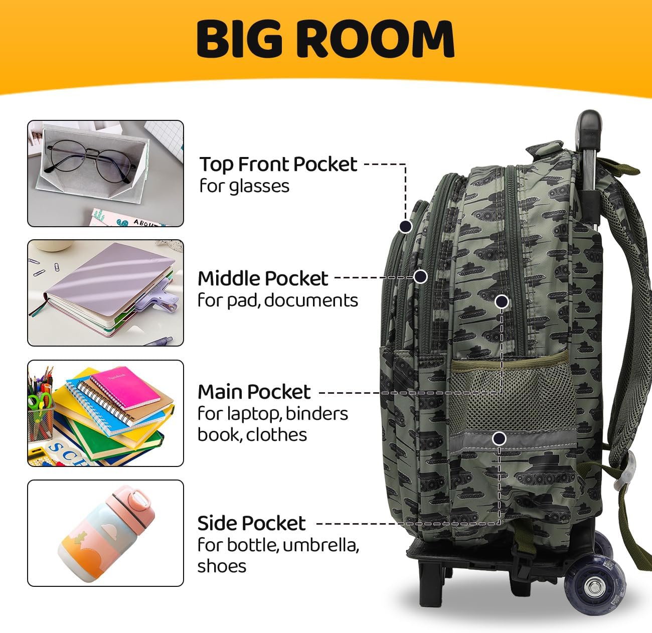 Lucky Kids Children Large Rolling School Bag Student Trolley School Bags with Lunch Bag, Pencil Box Wheeled Backpack Bag Set for Kids