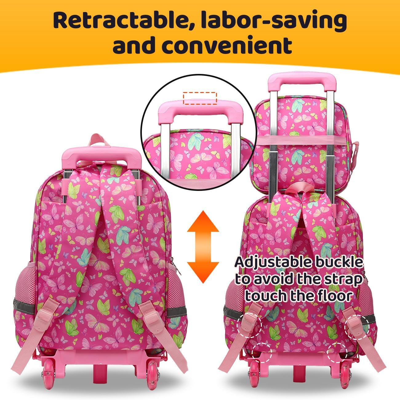 Rolling Backpack with Wheels for girls 43cm with Lunch Bag and Pencil Case, Lightweight School Bookbags for Kids