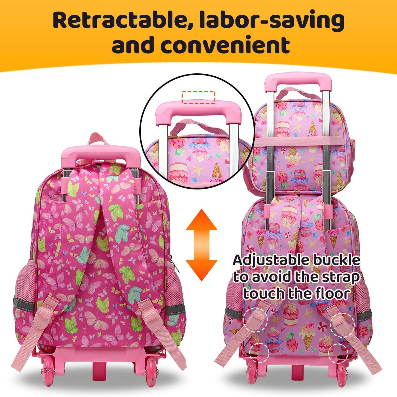 Rolling Backpack with Wheels for girls 43cm with Lunch Bag and Pencil Case, Lightweight School Bookbags for Kids