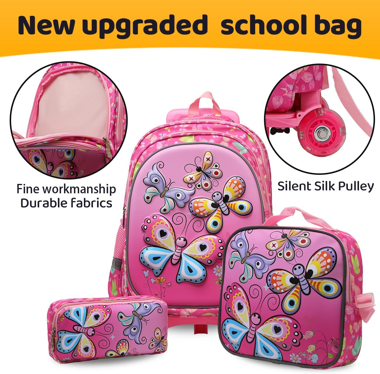 Rolling Backpack with Wheels for girls 43cm with Lunch Bag and Pencil Case, Lightweight School Bookbags for Kids