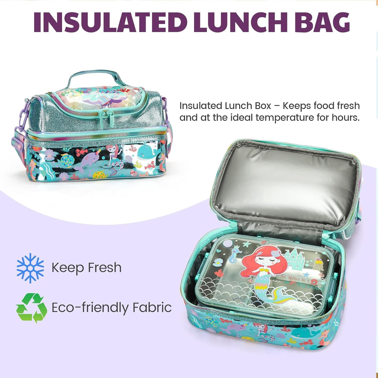 Kids Lunch Box Set with Insulated Bag, Bento Lunch Container & Utensils – Cute Cartoon Designs for Boys & Girls, Leakproof, BPA-Free, Easy to Carry School Lunch Kit