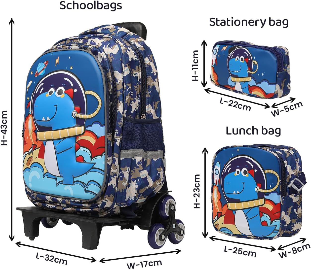 Lucky Kids Children Large Rolling School Bag Student Trolley School Bags with Lunch Bag, Pencil Box Wheeled Backpack Bag Set for Kids