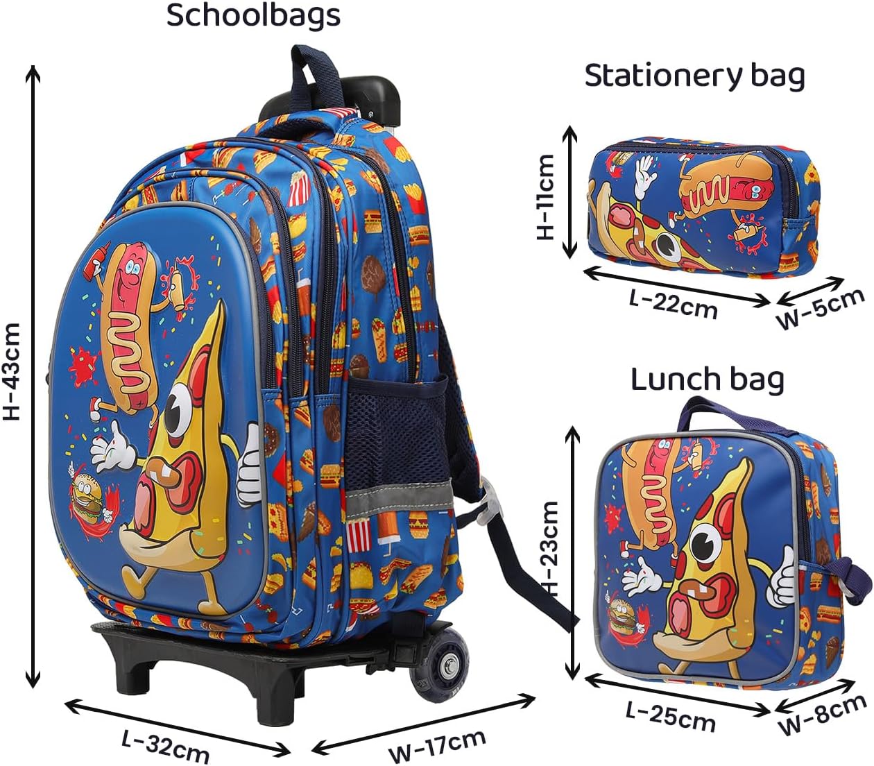 Lucky Kids Children Large Rolling School Bag Student Trolley School Bags with Lunch Bag, Pencil Box Wheeled Backpack Bag Set for Kids