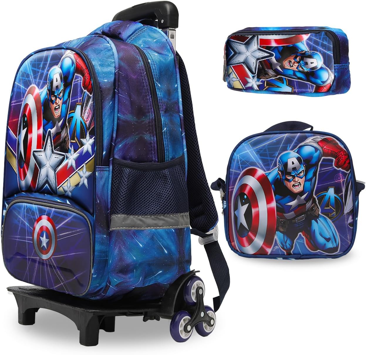 Lucky Kids Children Large Rolling School Bag Student Trolley School Bags with Lunch Bag, Pencil Box Wheeled Backpack Bag Set for Kids