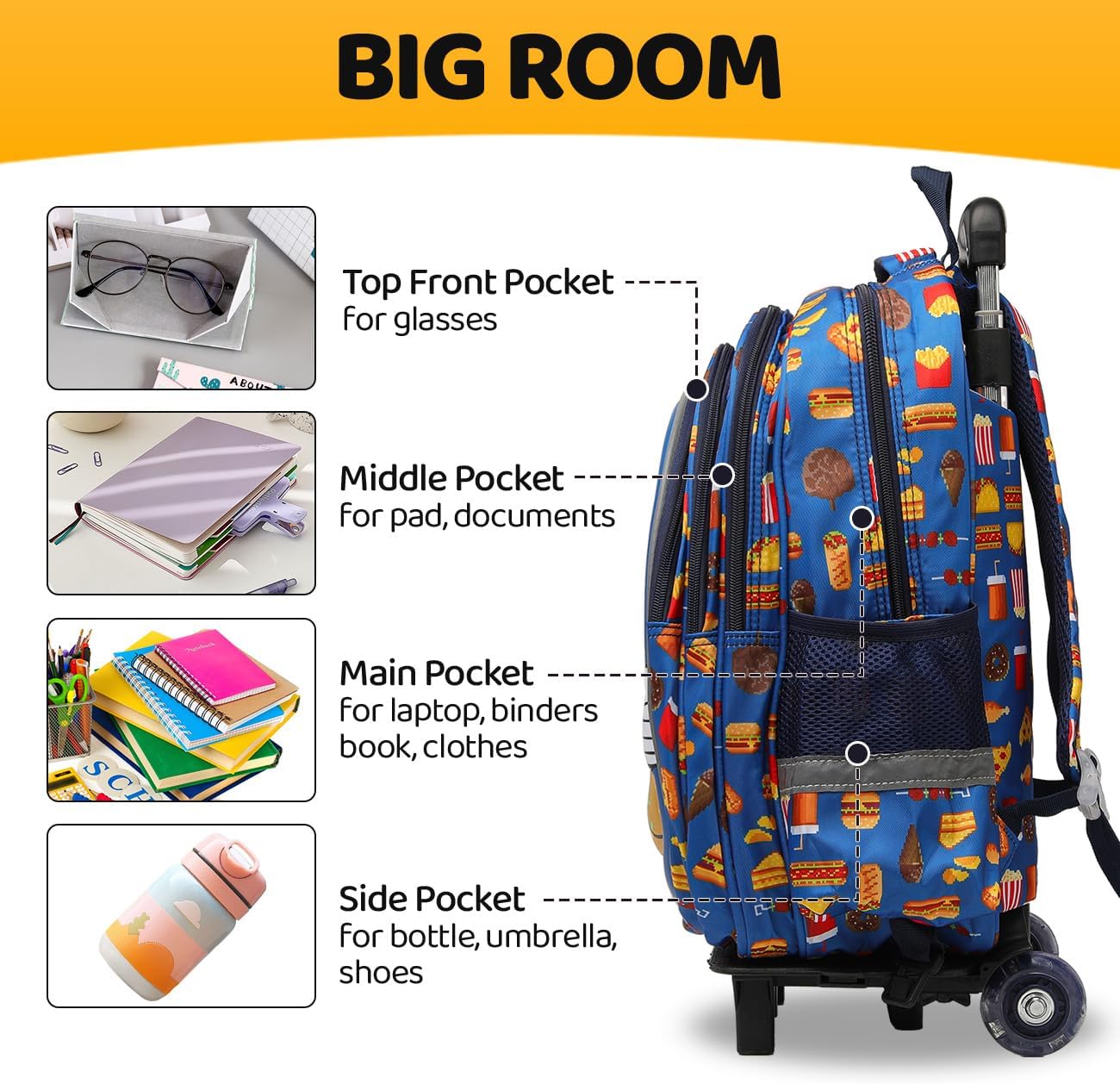 Lucky Kids Children Large Rolling School Bag Student Trolley School Bags with Lunch Bag, Pencil Box Wheeled Backpack Bag Set for Kids