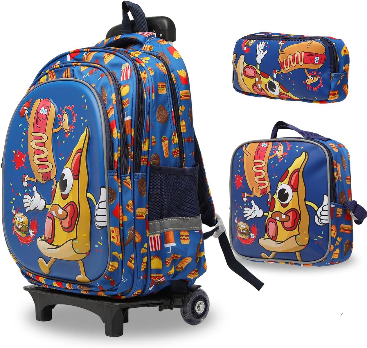 Lucky Kids Children Large Rolling School Bag Student Trolley School Bags with Lunch Bag, Pencil Box Wheeled Backpack Bag Set for Kids