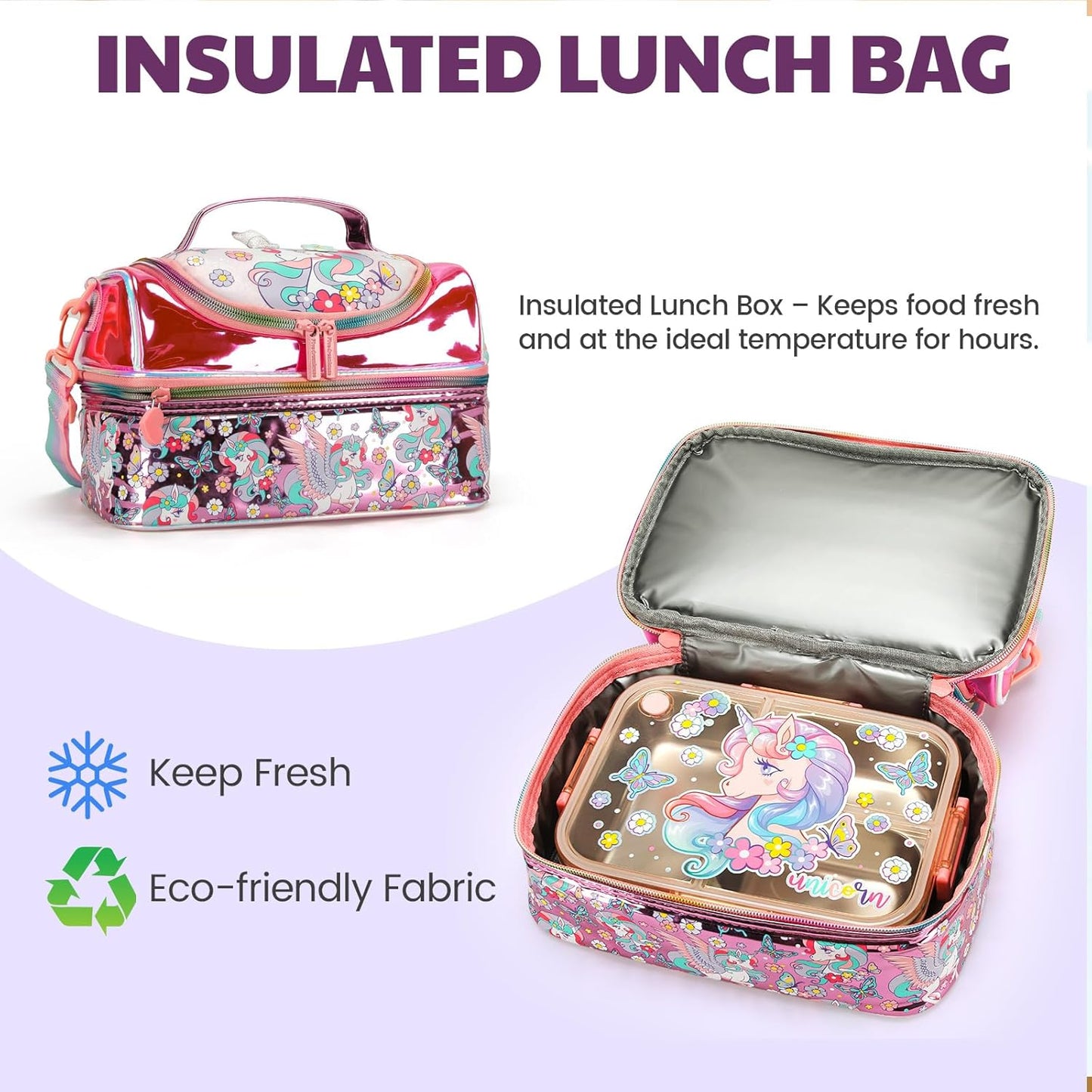 Kids Lunch Box Set with Insulated Bag, Bento Lunch Container & Utensils – Cute Cartoon Designs for Boys & Girls, Leakproof, BPA-Free, Easy to Carry School Lunch Kit