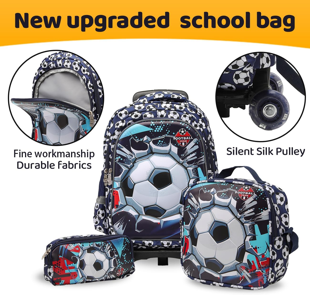 Lucky Kids Children Large Rolling School Bag Student Trolley School Bags with Lunch Bag, Pencil Box Wheeled Backpack Bag Set for Kids