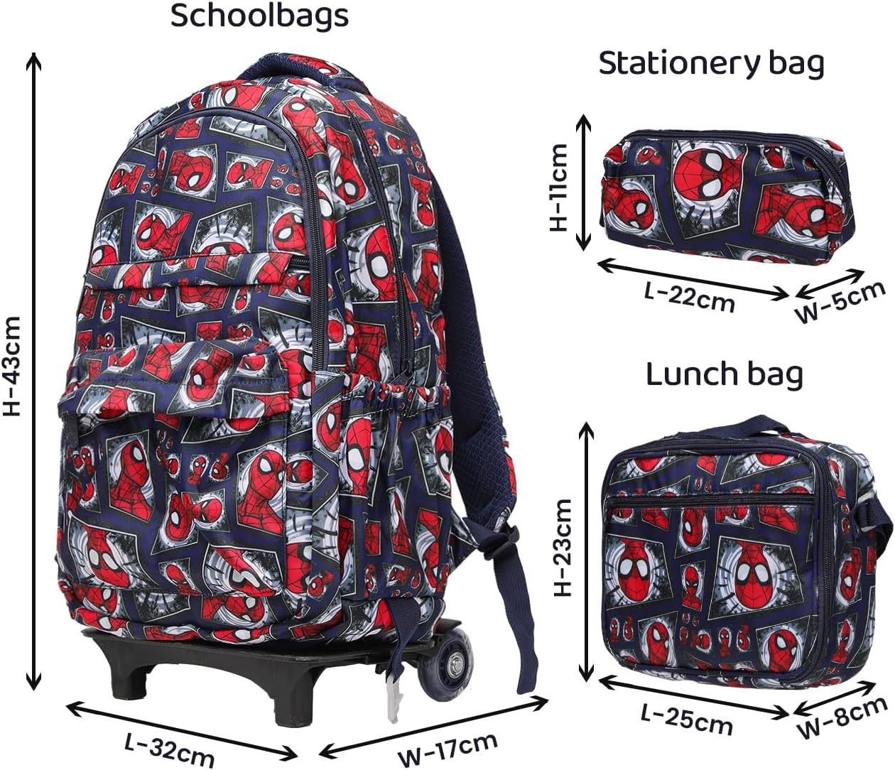 Lucky Kids Children Large Rolling School Bag Student Trolley School Bags with Lunch Bag, Pencil Box Wheeled Backpack Bag Set for Kids